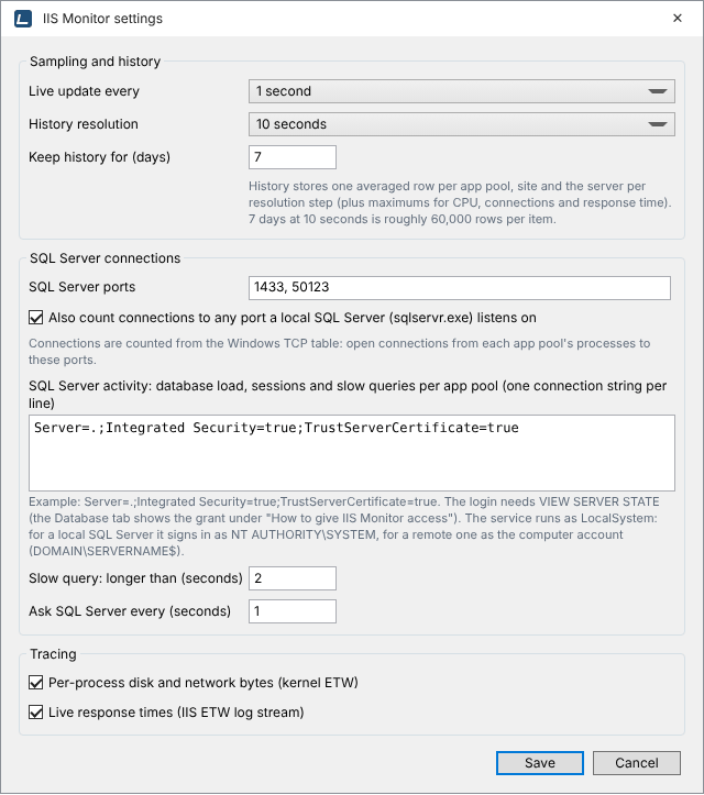 IIS Monitor settings window with sampling and history, SQL Server connections and tracing sections